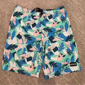 Hurley Boy’s Leaf Print Athletic Shorts - Blue, Green, Pink